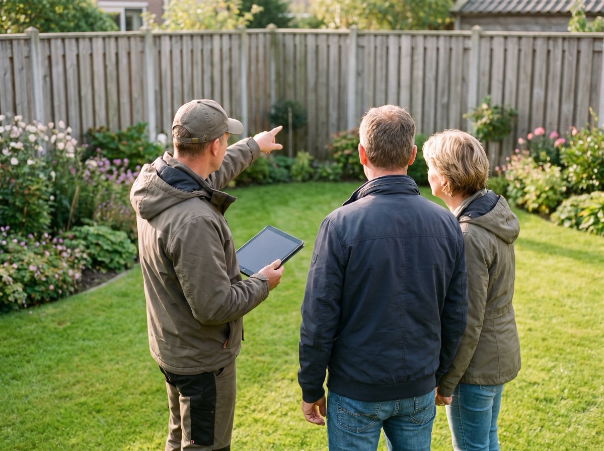 Adviseur bespreekt het ontwerp met bewoners in hun achtertuin