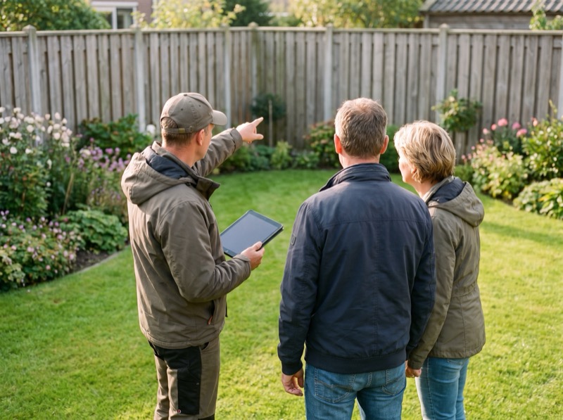 Adviseur bespreekt het ontwerp met bewoners in hun achtertuin