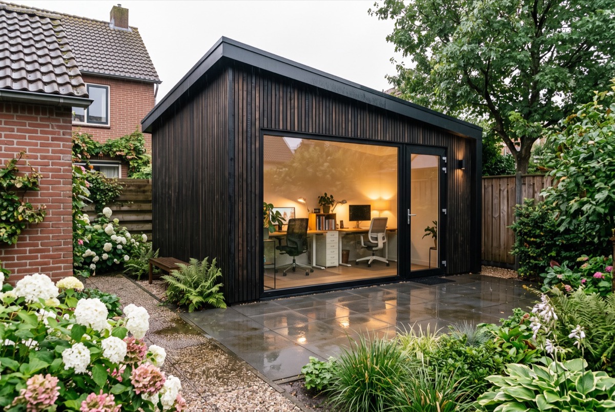 Compact tuinkantoor met lessenaarsdak en twee werkplekken, in een Amersfoortse achtertuin