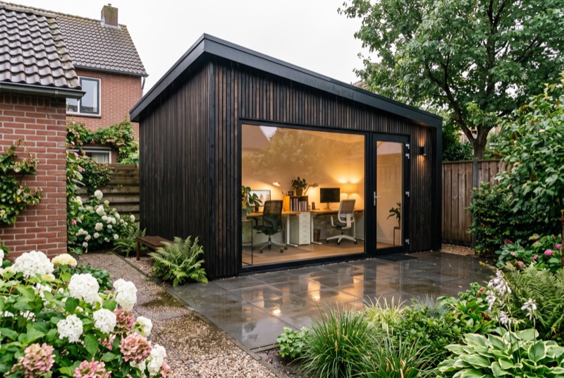Compact tuinkantoor met lessenaarsdak en twee werkplekken in een achtertuin