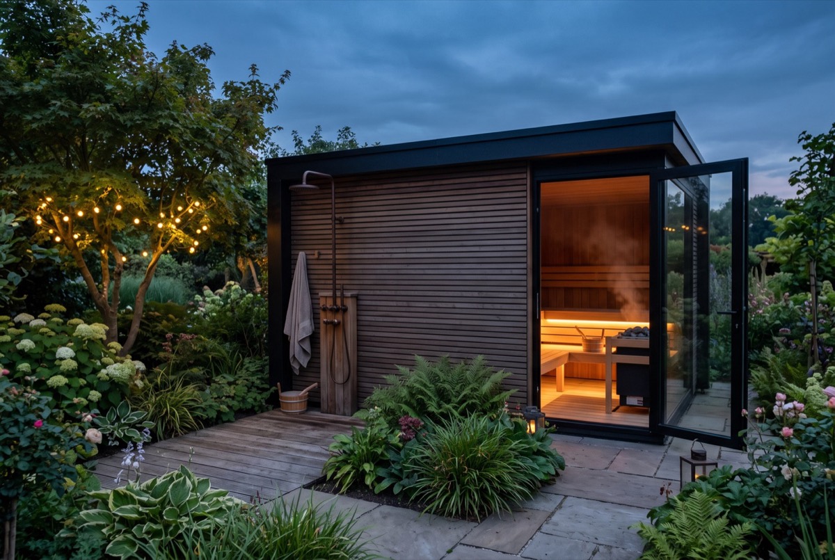 Wellness-tuinkamer met sauna en buitendouche in de schemering, Haarlem