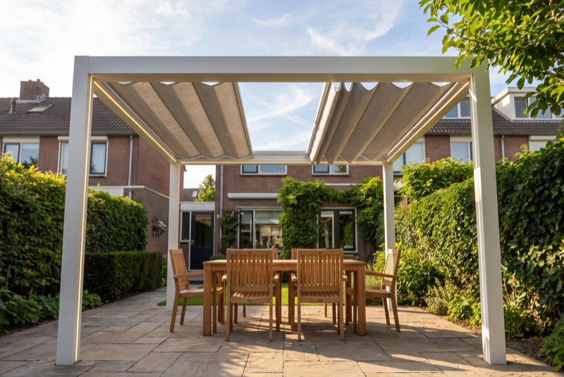 Aluminium pergola met uitschuifbaar doek aan een moderne rijwoning, met loungeset eronder