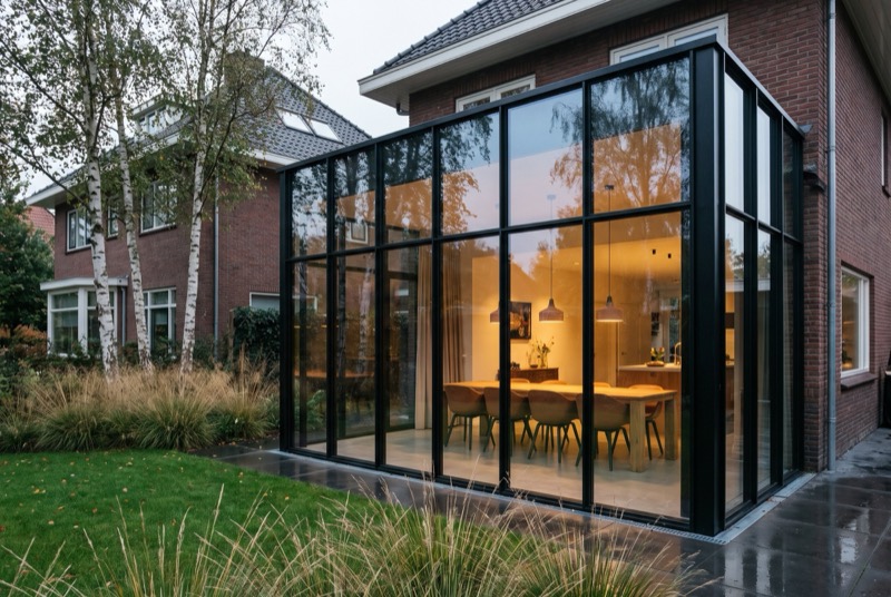 Glazen gevel met slanke zwarte aluminium stijlen aan een moderne villa-uitbouw in de schemering