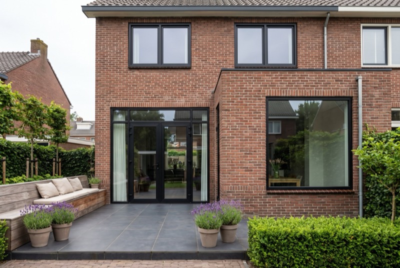 Achtergevel van een gerenoveerde jaren-dertigwoning met slanke zwarte aluminium kozijnen en een openslaande deur