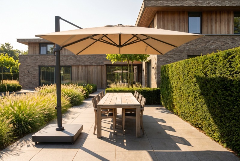 Grote zweefparasol met zandkleurig doek boven een lange eettafel op een terras