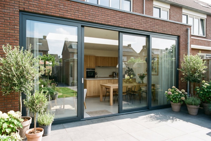 Brede antraciet aluminium schuifpui in de uitbouw van een rijwoning, één paneel open
