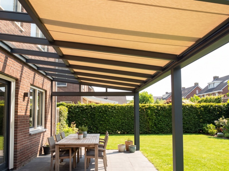 Zonwering met zijgeleiders boven het glazen dak van een aluminium veranda aan een bakstenen woning