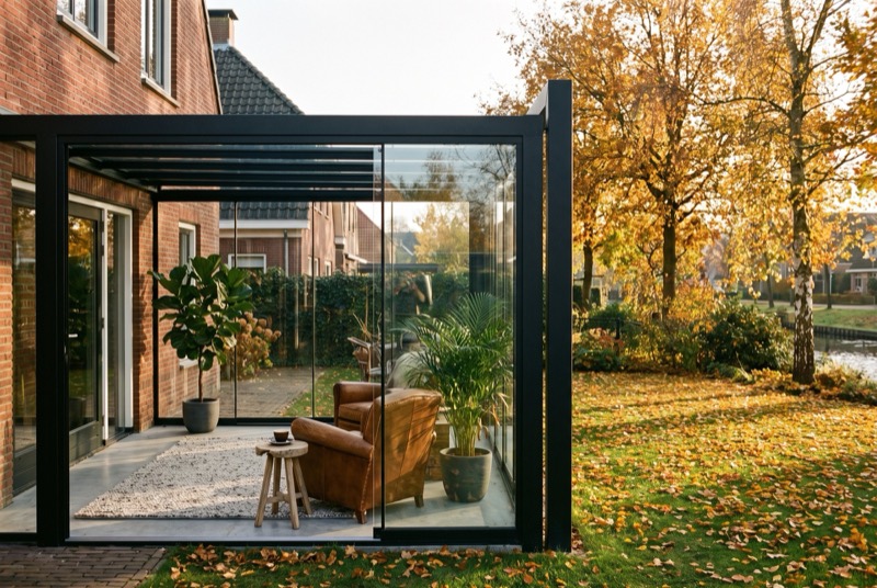 Glazen serre met zwart aluminium profielen aan een bakstenen woning in de herfst