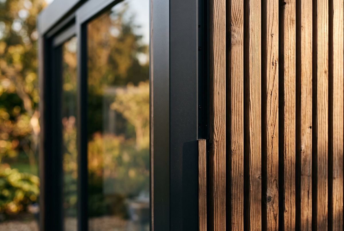 Detail van zwart aluminium profiel tegen verticale houten latten in strijklicht