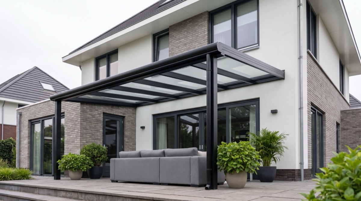 Zwarte aluminium veranda met glazen dak aan een moderne woning