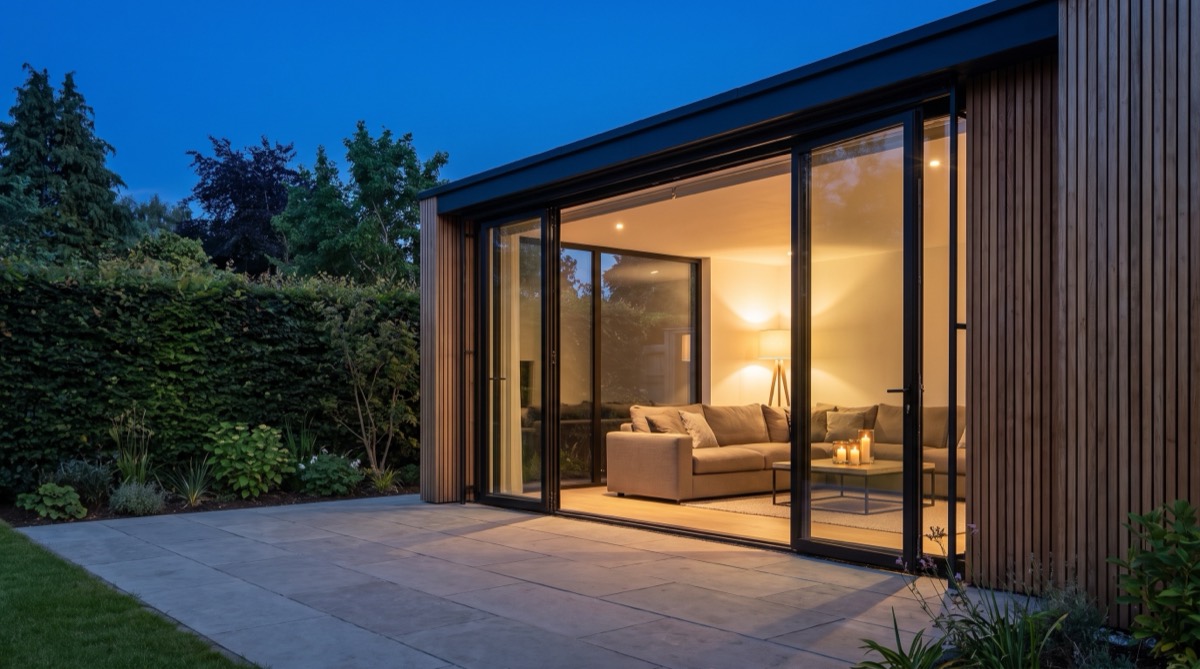 Tuinkamer met volledig geopende glazen schuifwanden, avondlicht