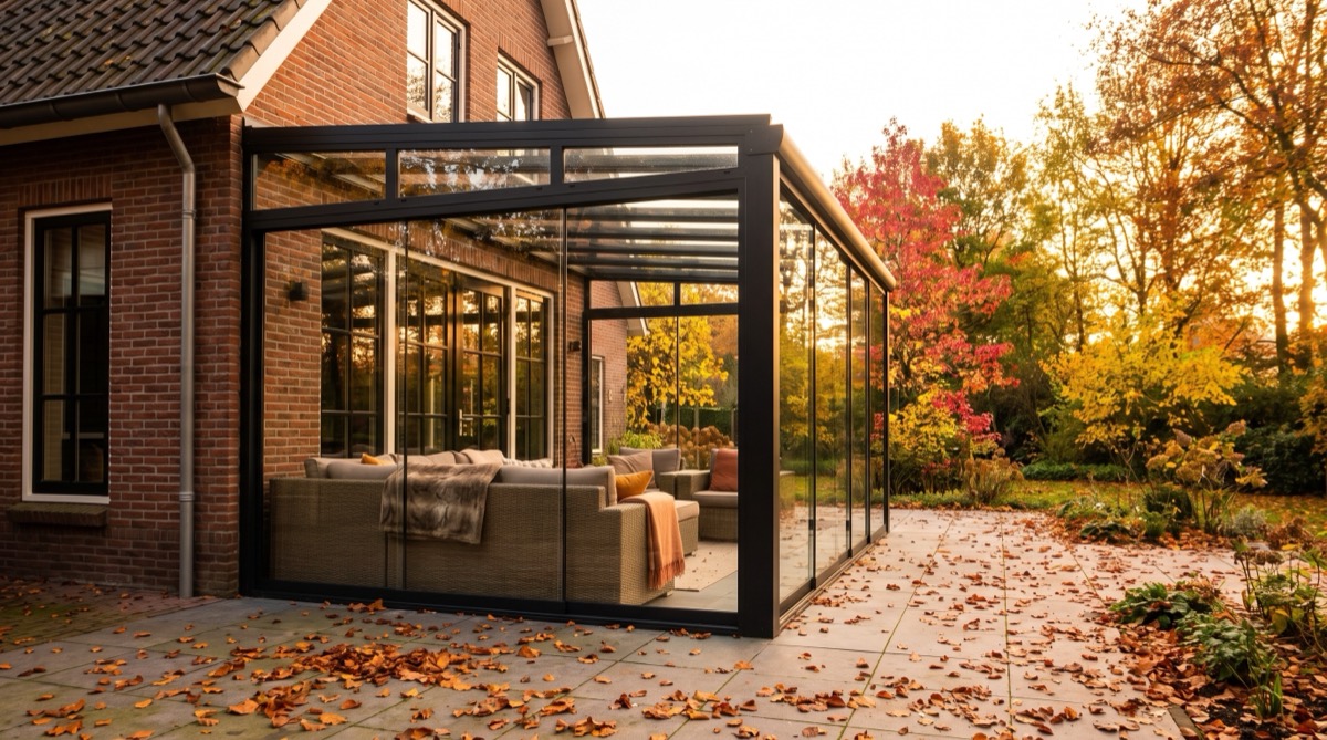 Overkapping aan huis afgesloten met glazen schuifwanden, herfstlicht