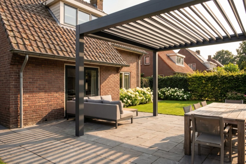 Antraciet lamellendak met half geopende lamellen tegen een bakstenen jaren-dertigwoning, met loungeset op het terras