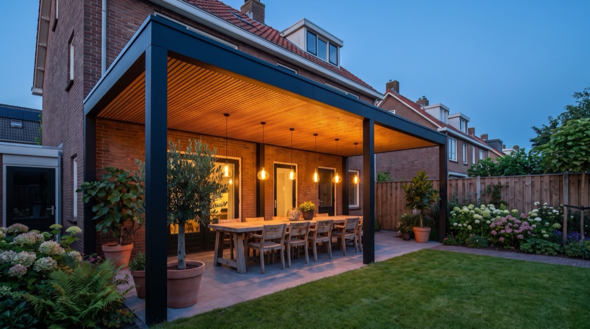 Terrasoverkapping aan de gevel met eettafel eronder, zomeravond