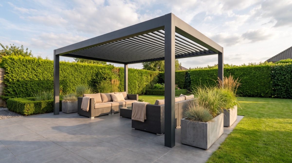 Moderne aluminium pergola op een terras met loungeset