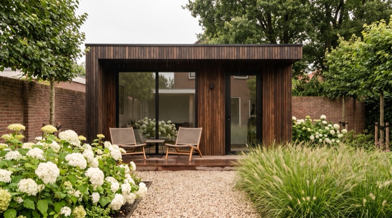 Geïsoleerd houten tuinhuis op maat met zwarte kozijnen, achter in een gazon