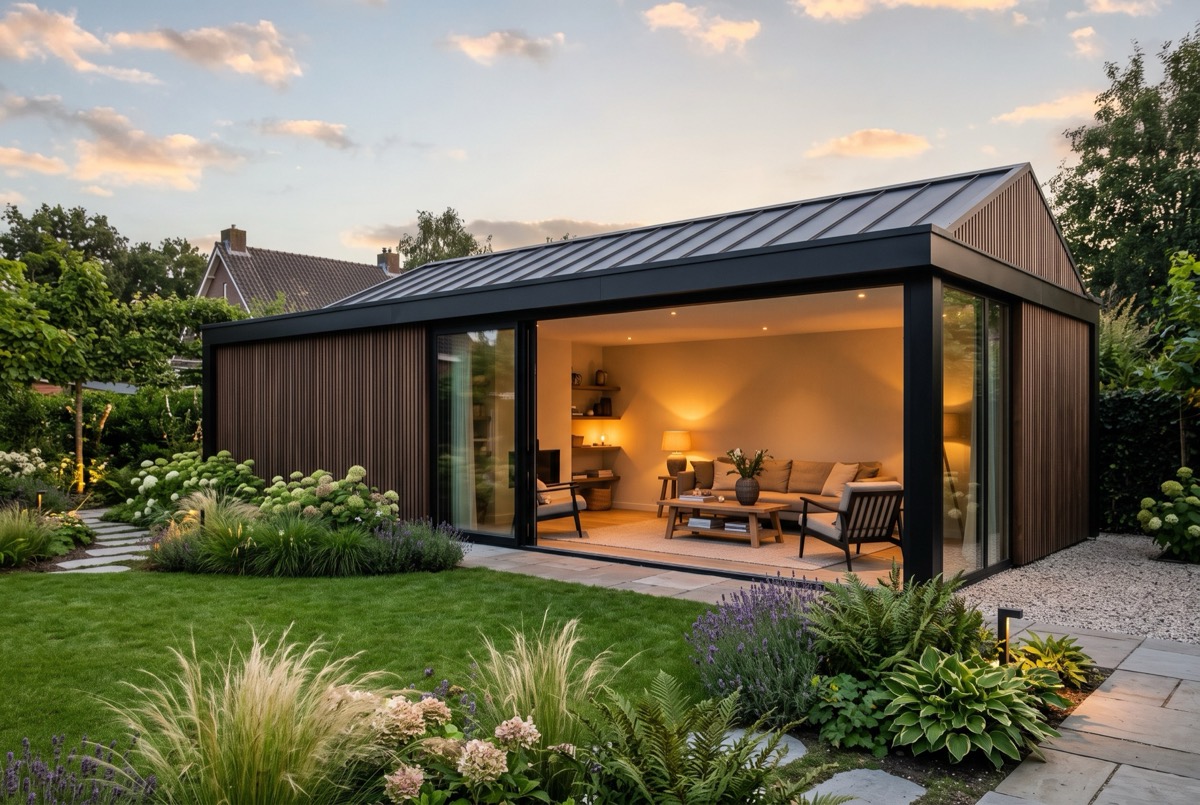 Moderne tuinkamer met open glazen schuifwanden en warm licht, in de avondzon