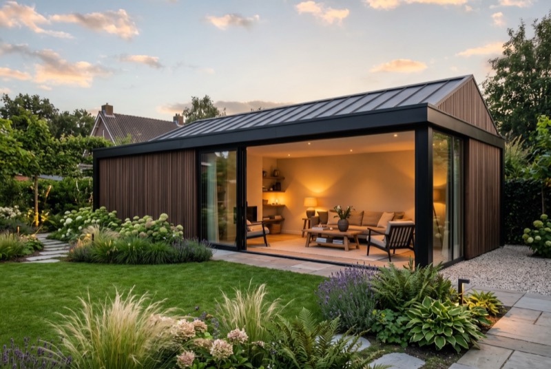 Moderne tuinkamer met open glazen schuifwanden en warm licht, in de avondzon