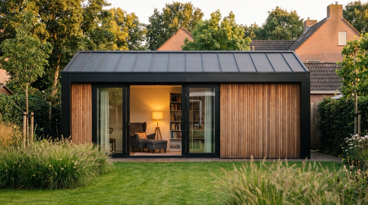 Ruime tuinkamer met zwart aluminium frame en houten gevel, schuifwanden open, gouden uur
