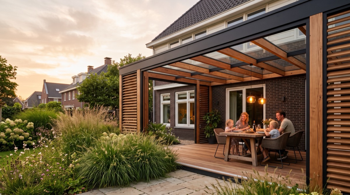 Veranda op maat aan huis, warm avondlicht, gedekte tafel