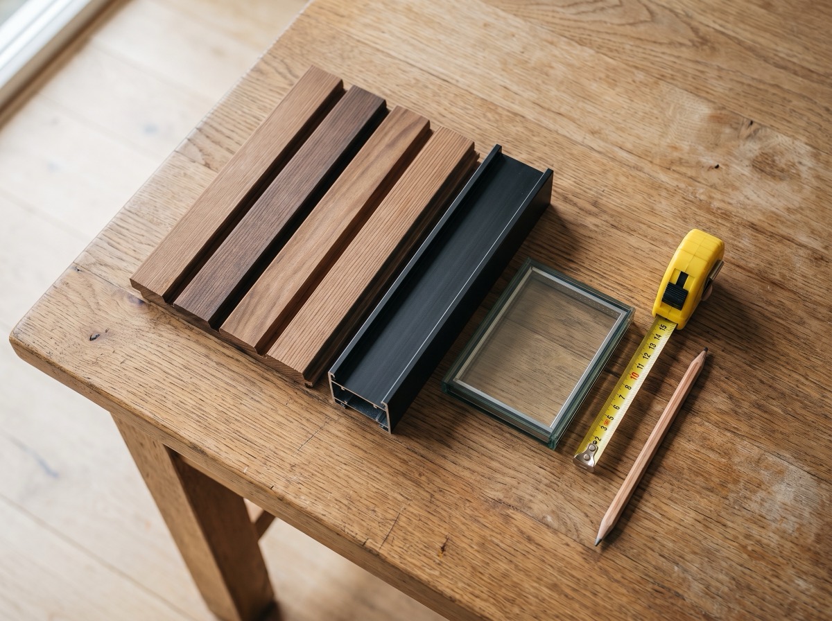 Materiaalstalen: thermisch hout, aluminium profiel en glas op tafel
