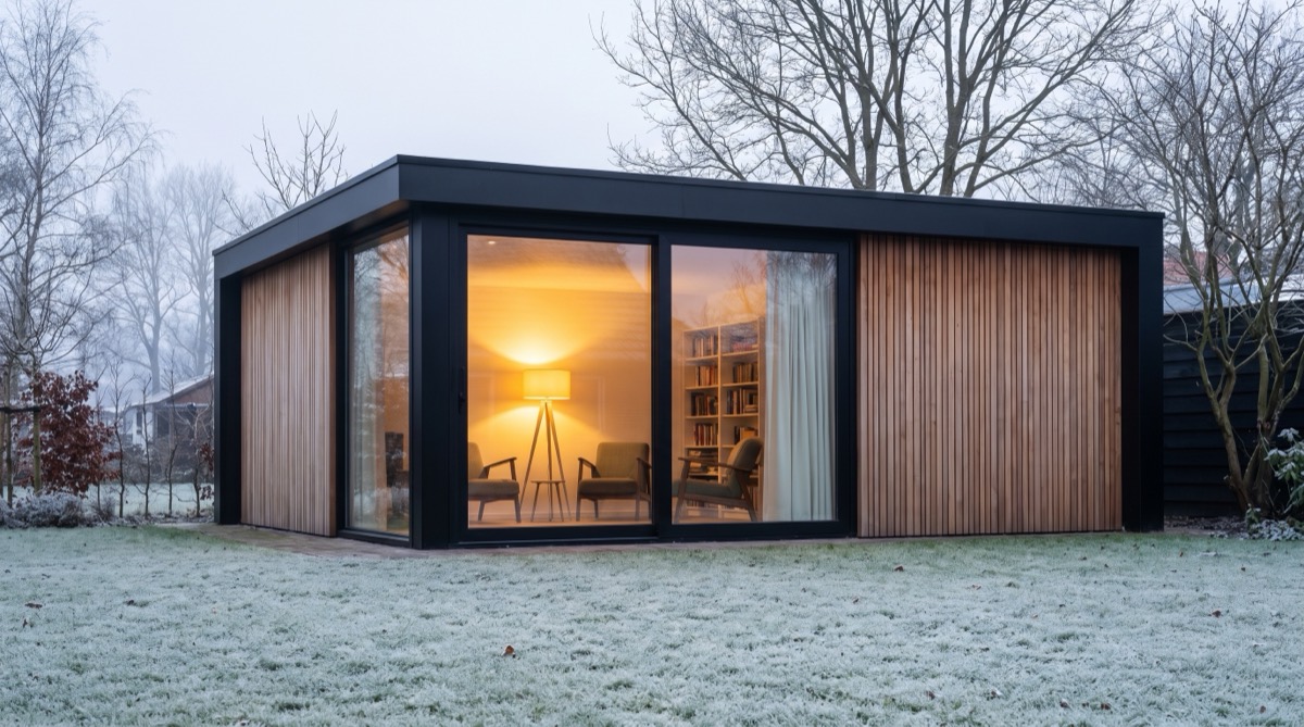 Geïsoleerde tuinkamer in de winter met warm licht binnen