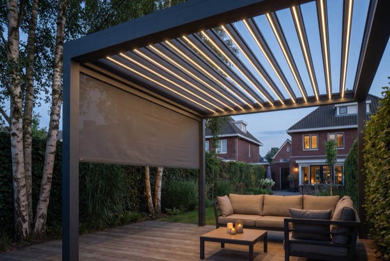 Vrijstaand lamellendak met LED-lichtlijnen en een half neergelaten zip screen in de avond
