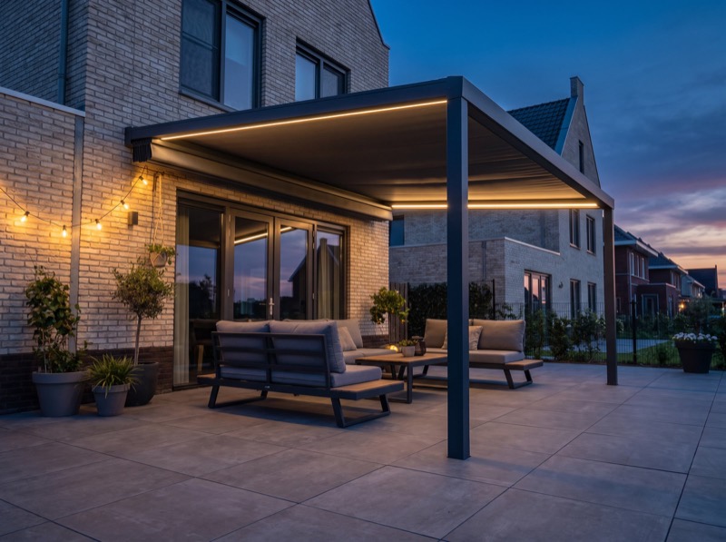 Pergola met doek Bronze, Gold en Diamond in een Nederlandse tuin