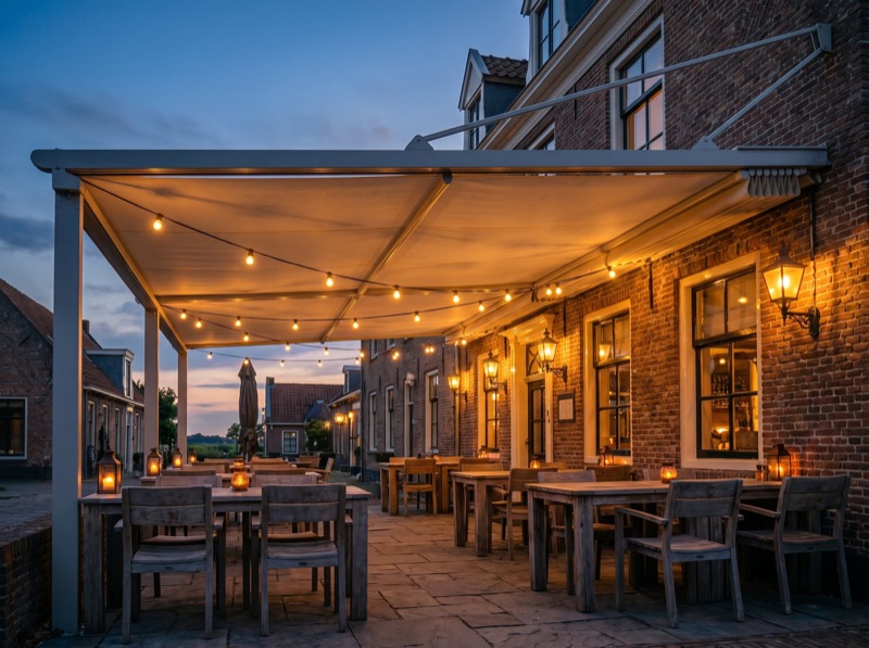 Pergola met doek Sapphire in een Nederlandse tuin