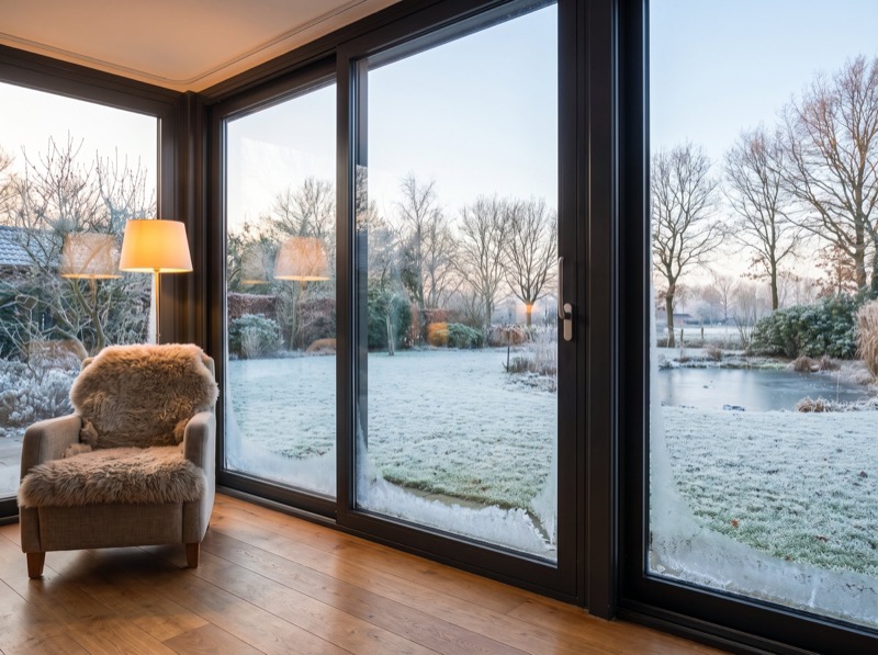 Glazen schuifwand Geïsoleerde schuifwand in een Nederlandse tuin