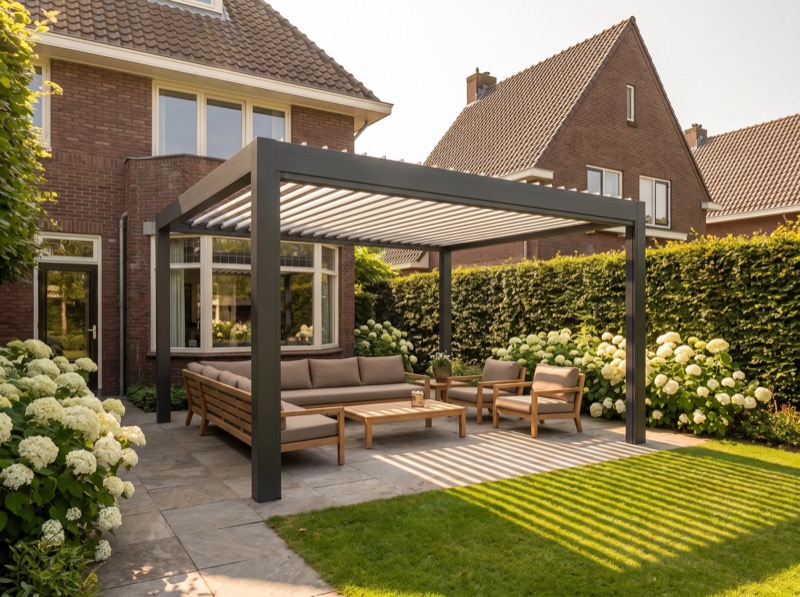 Lamellendak Select in een Nederlandse tuin