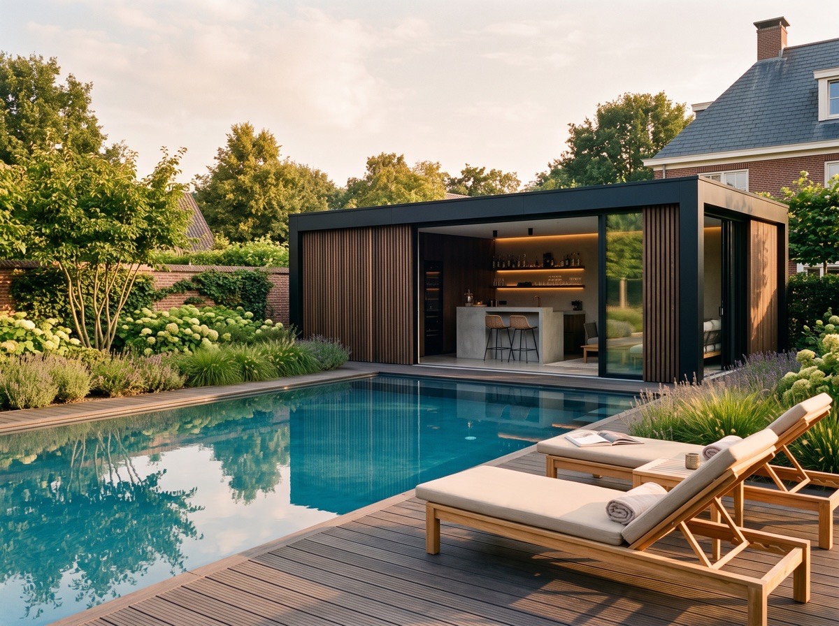Poolhouse met open schuifwanden naast een strak zwembad in de middagzon