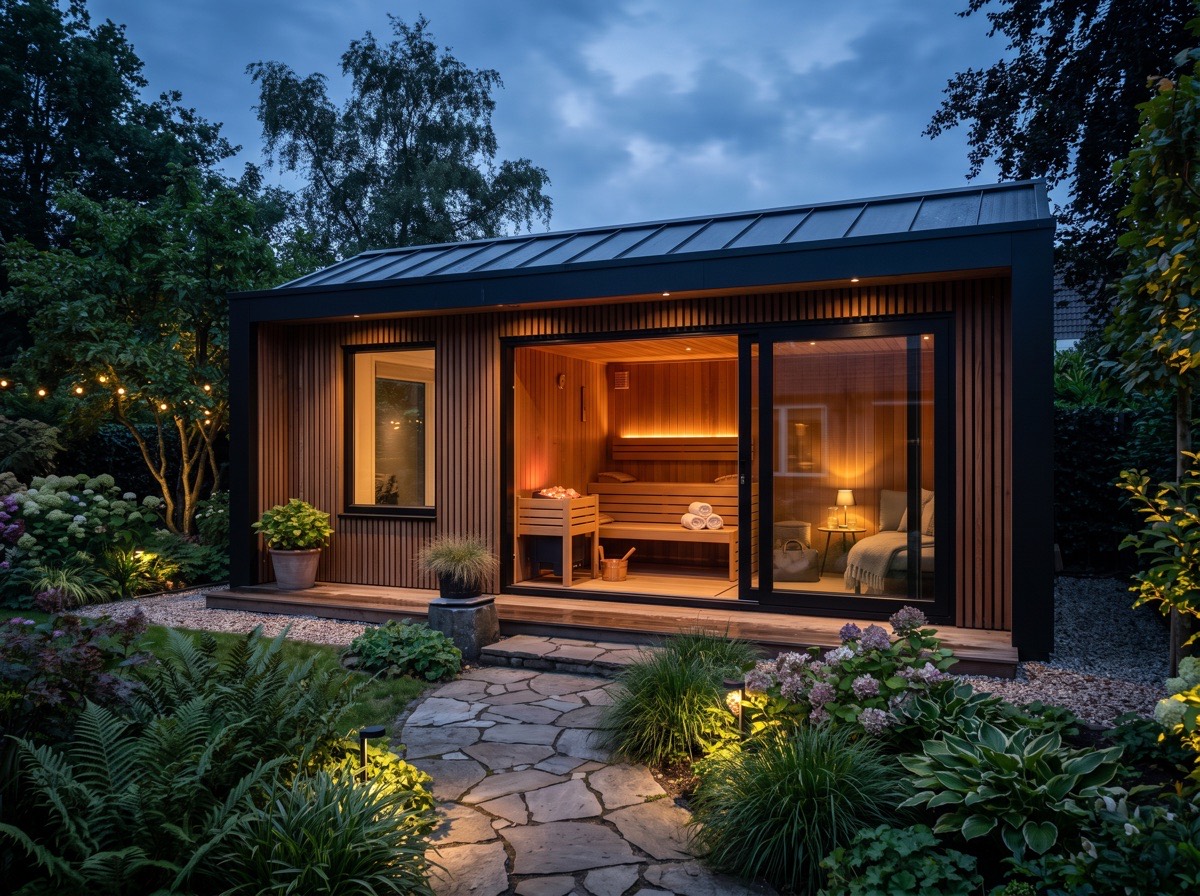 Tuinkamer met gloeiende sauna achter glas, in de schemering