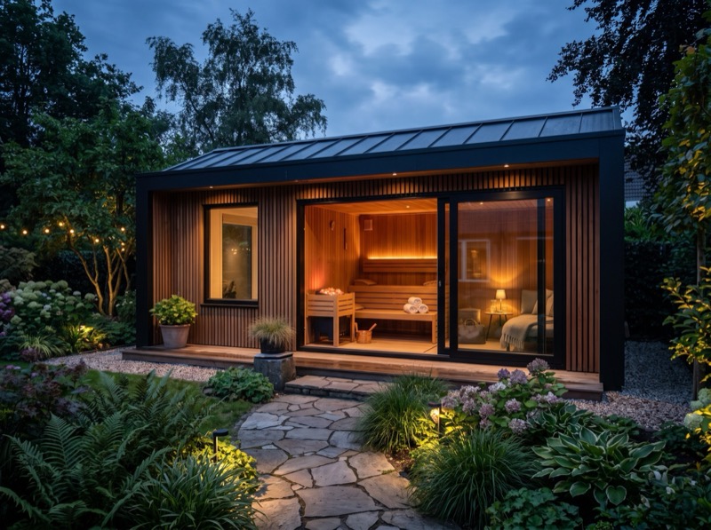 Tuinkamer met gloeiende sauna achter glas, in de schemering