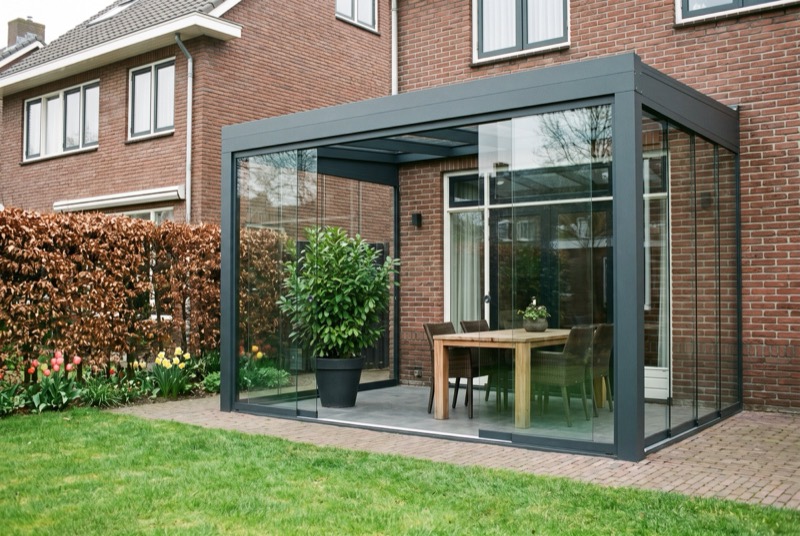 Glazen schuifwanden half open onder een aluminium veranda aan een bakstenen woning
