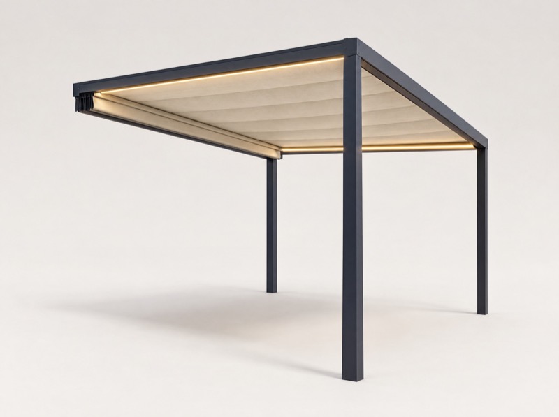Productrender van het systeem: Pergola met doek Bronze, Gold en Diamond
